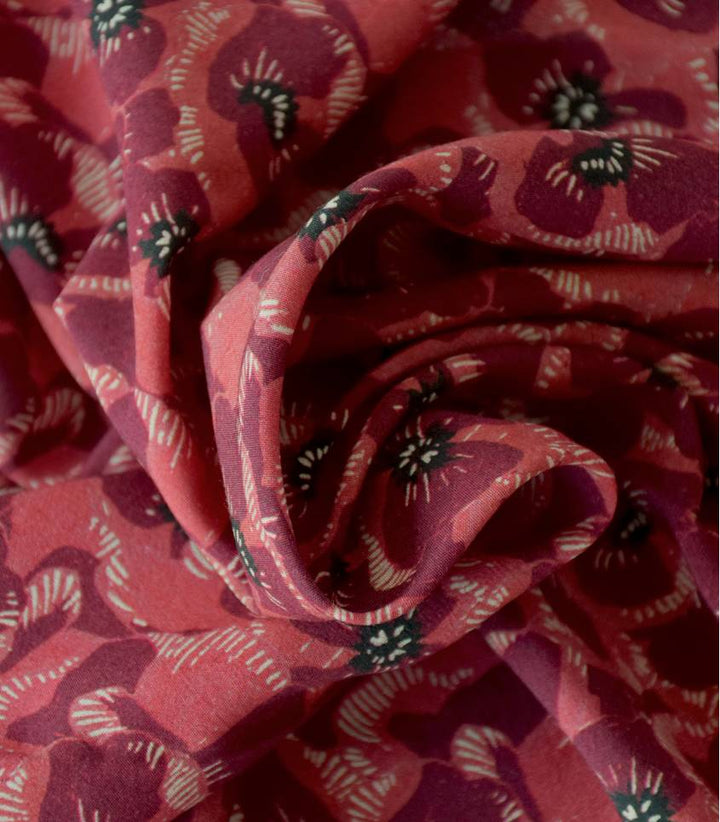 Poppy blossom Burgundy 100% viscose woven dressmaking fabric x1/2m. By Cousette.