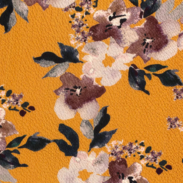 Stretch floral viscose seeksucker crepe fabric 1% Elastane. Ochre 1/2m